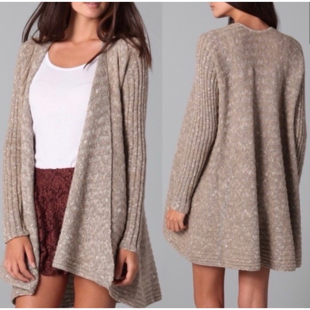 Free People Beached Shell Open Front Beach Long Cardigan Duster Tan Ribbed Med